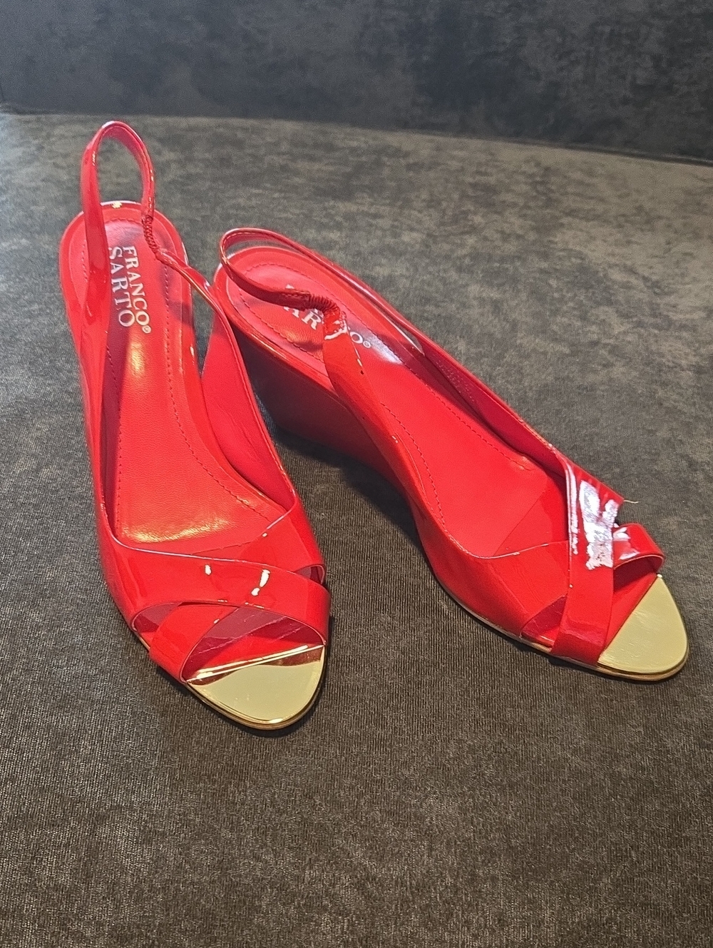 Franco Sarto Red Patent Peep-Toe Slingback Wedges